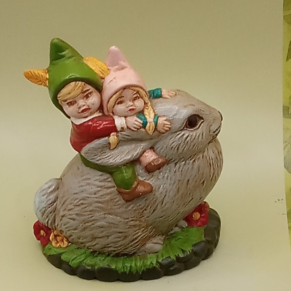 Ceramic Gray Rabbit w/Kids dressed as GNOME Riders Easter Spring Decor by GS